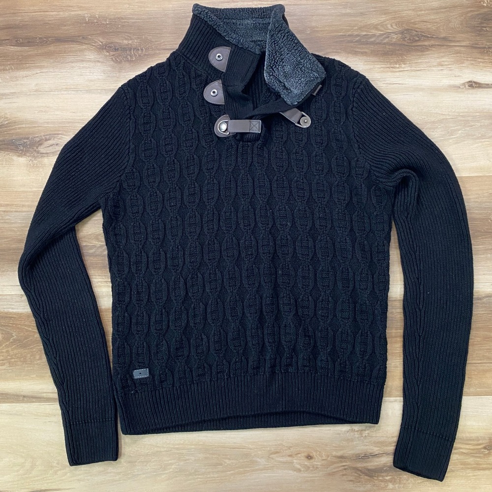 Xios Men's Cable Knit Sweater Large Faux Fur Collar Faux Leather Snap Black